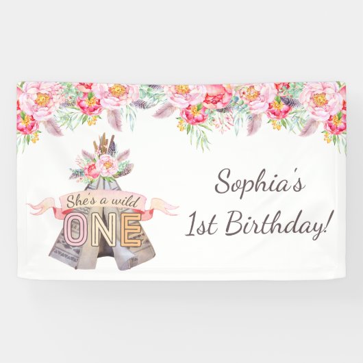 Floral Boho Tribal Teepee Wild 1 1. Geburtstag Banner (Horizontal)