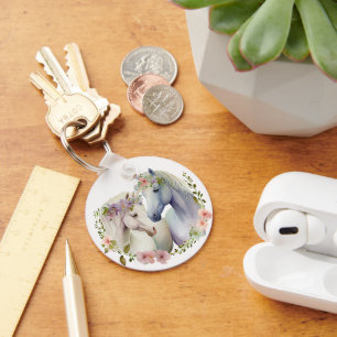 Floral Boho White Horses Schlüsselanhänger