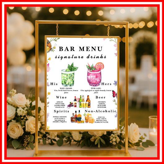 Floral Boho Wildblume Bar Menü Wedding Drink Zeich Poster