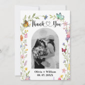 Floral Boho Wildblumen Butterflies Foto Hochzeit Dankeskarte (Vorderseite)