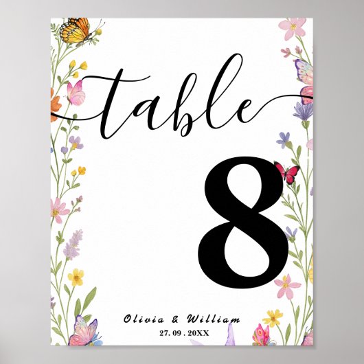 Floral Boho Wildblumen Hochzeit Tischnummer Poster (Vorne)