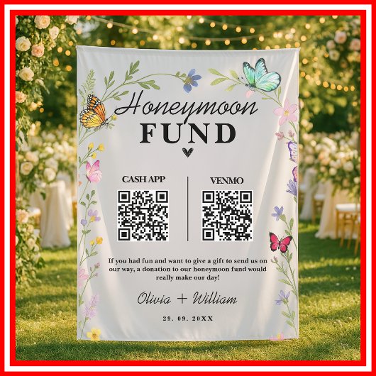 Floral Boho Wildblumen Honeymoon Fund QR Wedding Wandteppich