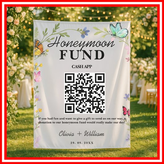 Floral Boho Wildblumen Honeymoon Fund QR Wedding Wandteppich