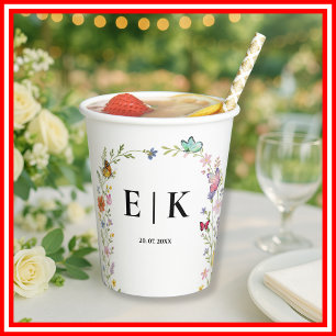 Floral Boho Wildblumen Monogram Butterfly Wedding Pappbecher