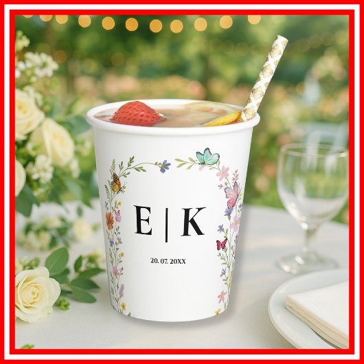 Floral Boho Wildblumen Monogram Butterfly Wedding Pappbecher