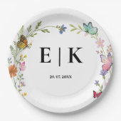 Floral Boho Wildblumen Monogram Butterfly Wedding Pappteller (Vorderseite)