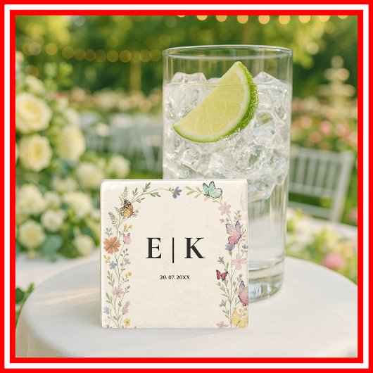 Floral Boho Wildblumen Monogram Butterfly Wedding Steinuntersetzer