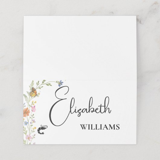 Floral Boho Wildblumen Shrimp Menü Name Cards (Außenseite Aufgefaltet)