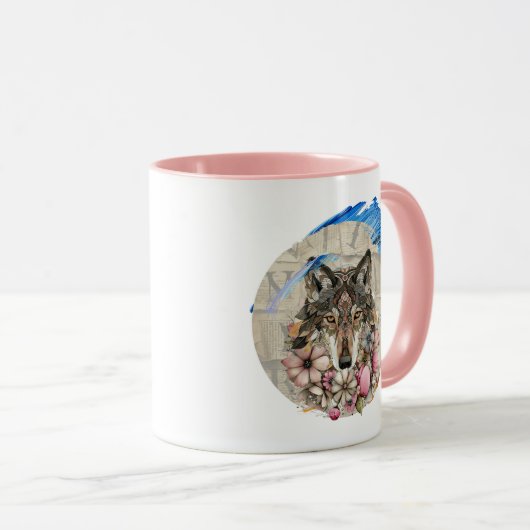Floral Boho Wolf with Paint Accents 📄 Descriptio Tasse (VorderseiteRechts)
