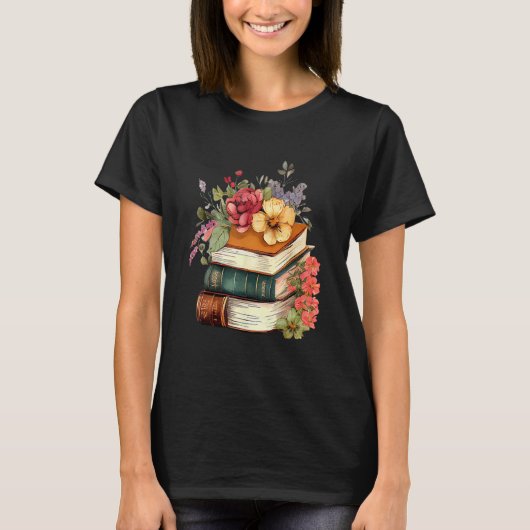 Floral Book Stack Reading Book  Old Books Flowers T-Shirt (Vorderseite)