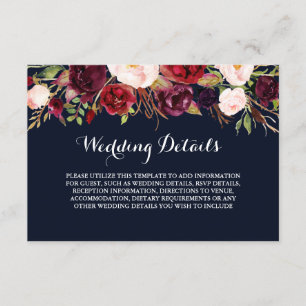 Floral Bordeaux Navy Hochzeitsempfangsdetails Einladung