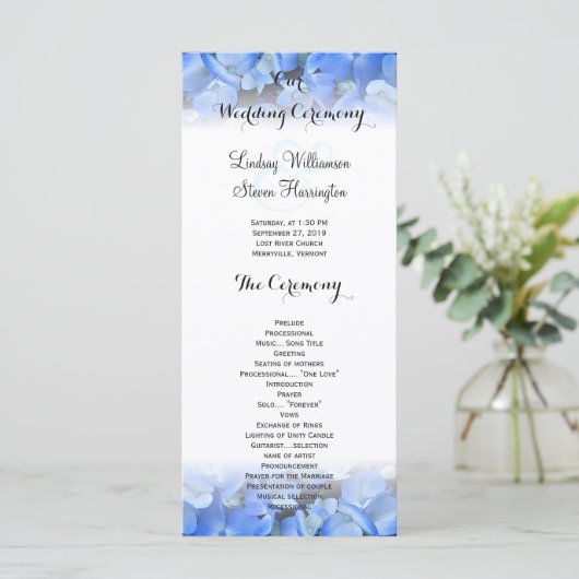 Floral Border Blue Hydrangea Wedding Tall Program Programm (Stehend Vorderseite)