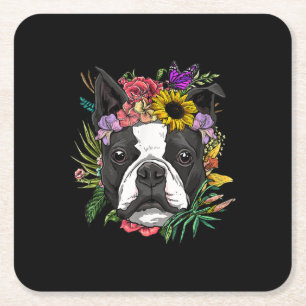 Floral Boston Terrier Dog Spring Nature Dog Liebha Rechteckiger Pappuntersetzer