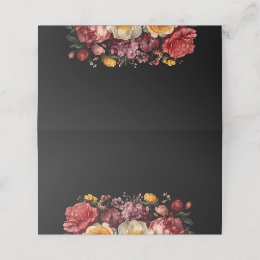 Floral Botanical Moody Black Wedding Platzkarte (Außenseite Aufgefaltet)