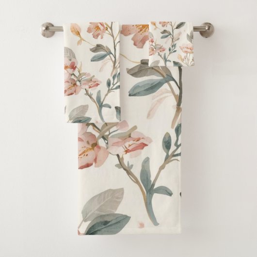 Floral Botanical Watercolor Leaves Beige Painted Badhandtuch Set (Insitu)