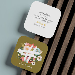 Floral Botanischer Hashtag Olive Green Social Medi Quadratische Visitenkarte