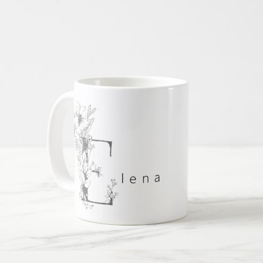 Floral Botanisches Monogramm "E" Custom Text Elega Kaffeetasse (Vorderseite Links)