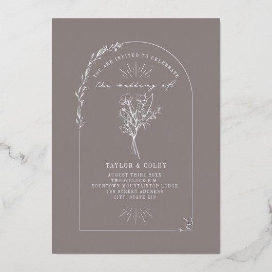 Floral Bouquet Arch Amethyst Wedding Folieneinladung (Vorderseite)