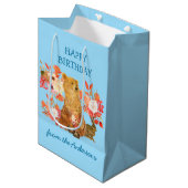 Floral Bouquet Bear Rabbit Birthday Geschenktasche Mittlere Geschenktüte (Vorderseite Schrägansicht)