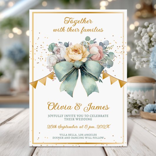 Floral Bouquet Green bow Gold Hochzeit Einladung