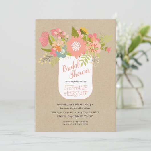 Floral Bouquet Mason jar kraft bridal shower Einladung (Stehend Vorderseite)