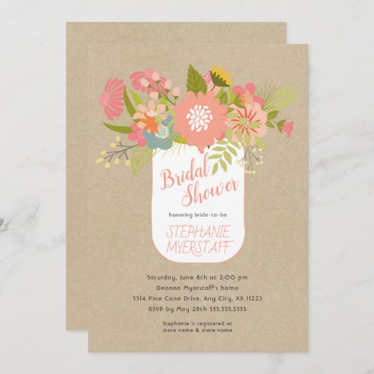 Floral Bouquet Mason jar kraft bridal shower Einladung (Vorne/Hinten)