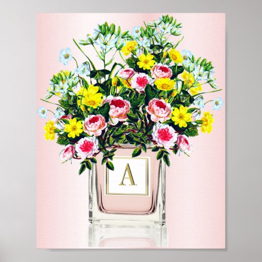 Floral Bouquet Pink Parfüm Flasche Monogramm Poster (Vorne)
