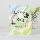 Floral bouquet romantic serenity butterflies einladung (Stehend Vorderseite)