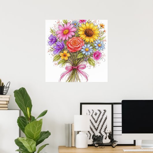 Floral Bouquet - Scribbled Style Art Poster (Heimbüro)