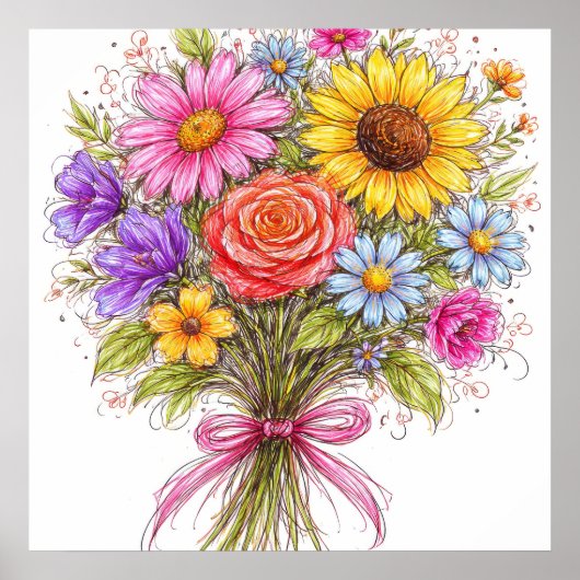 Floral Bouquet - Scribbled Style Art Poster (Vorne)