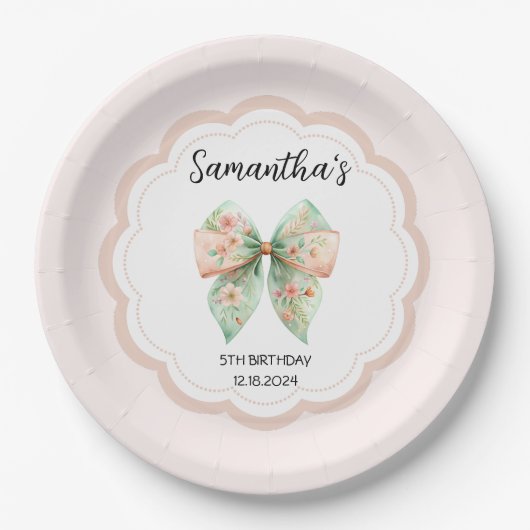 Floral Bow Birthday Paper Plate Pappteller (Vorderseite)