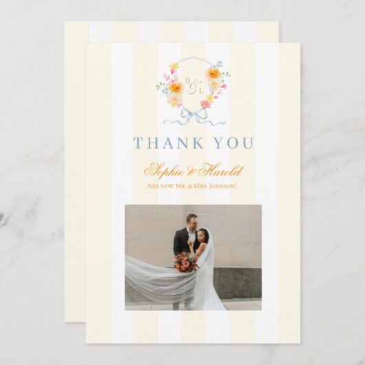 Floral Bow Crest Monogram Spring Wedding Dankeskarte (Vorne/Hinten)