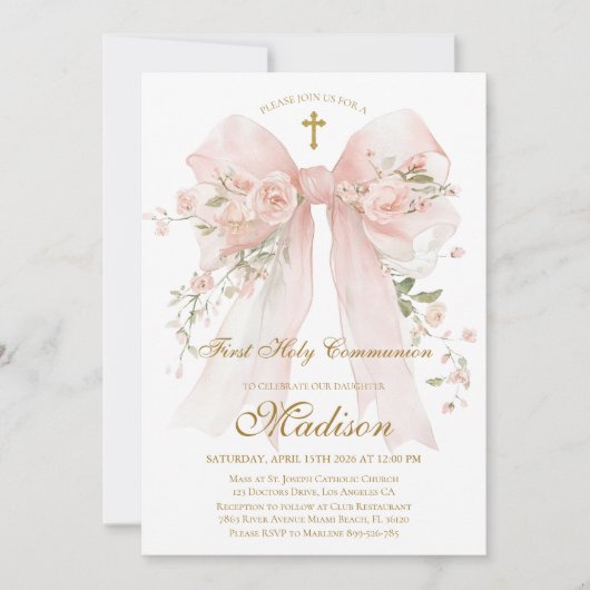 Floral Bow First Holy Communion Invitation Einladung (Vorderseite)