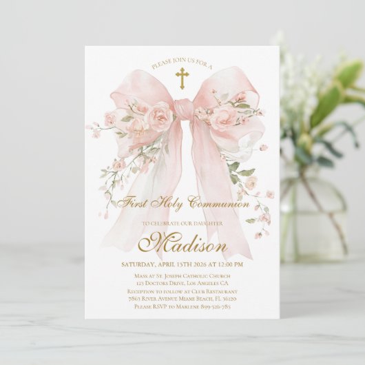 Floral Bow First Holy Communion Invitation Einladung (Stehend Vorderseite)