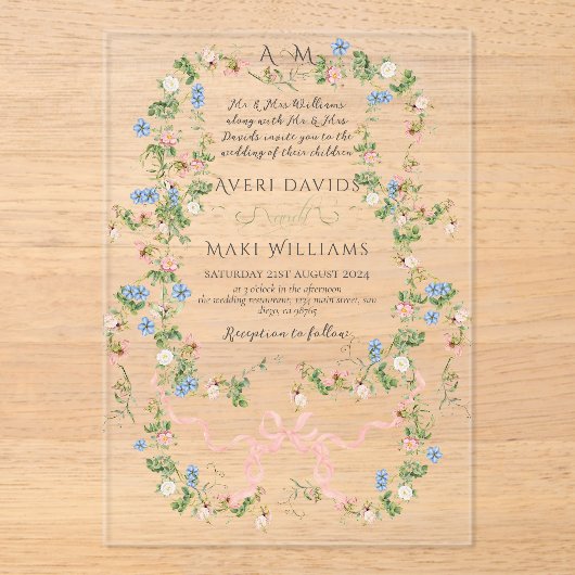 Floral Bow Garden Rustikales Elegantes Foto Hochze Acryleinladungen (Vorderseite)