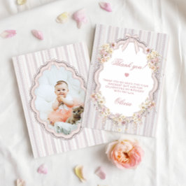 Floral Bow Girl 1st Birthday Photo Thank You Card Dankeskarte