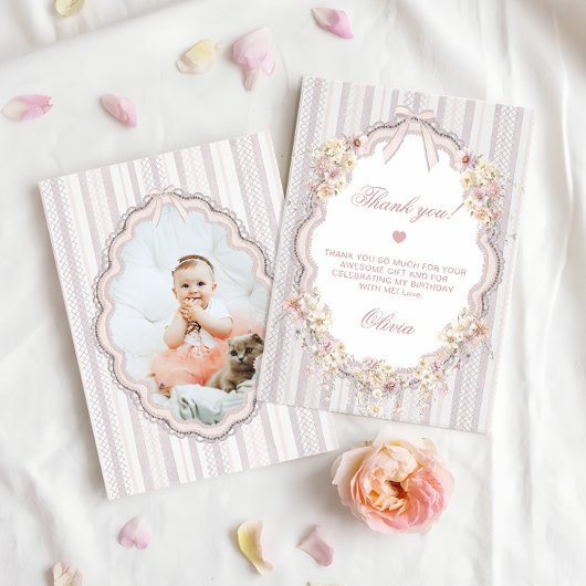 Floral Bow Girl 1st Birthday Photo Thank You Card Dankeskarte