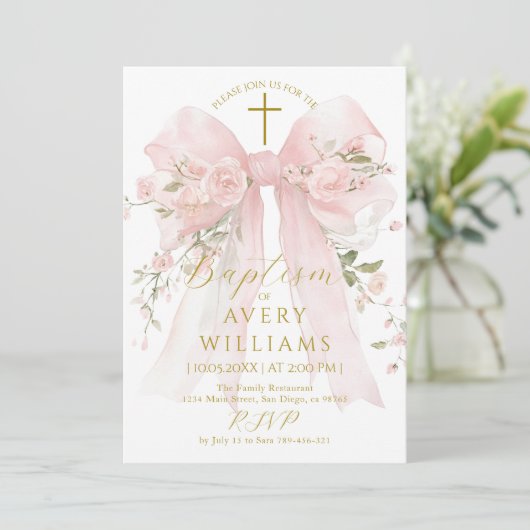Floral Bow Girls Baptism Elegant Flower Digital Einladung (Stehend Vorderseite)
