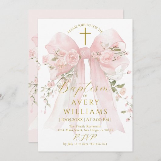 Floral Bow Girls Baptism Elegant Flower Digital Einladung (Vorne/Hinten)