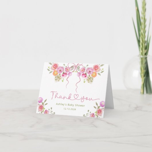 Floral Bow Pink Baby Dusche Danke Karte (Vorderseite)