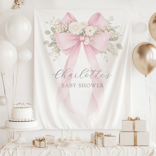 Floral Bow Pink Coquette Baby Shower Wandteppich