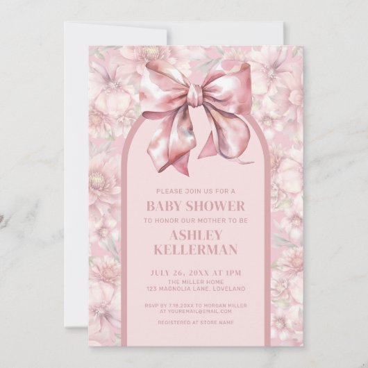 Floral Bow Pink Girl Babydusche Einladung (Vorderseite)