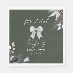 Floral Bow Winter Girl Green Baby Dusche Willkomme Serviette