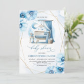 Floral Boy Baby Dusche Einladung mit Babybett (Stehend Vorderseite)