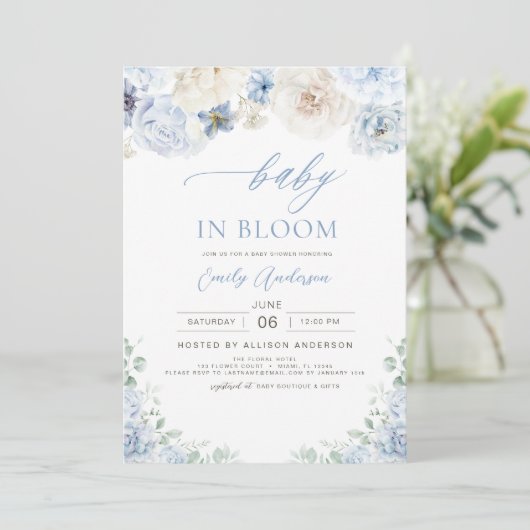 Floral Boy Blue Baby in Bloom Baby Dusche Einladung (Stehend Vorderseite)