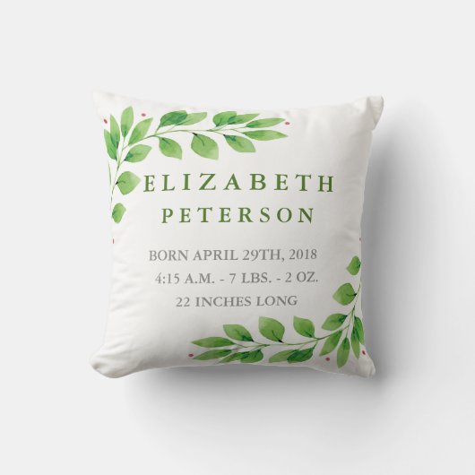Floral Branches Baby Birth Announcement Pillow Kissen (Vorderseite)