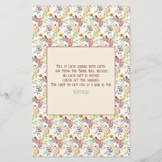 Floral Brautparty Bingo Flyer (Hinten)