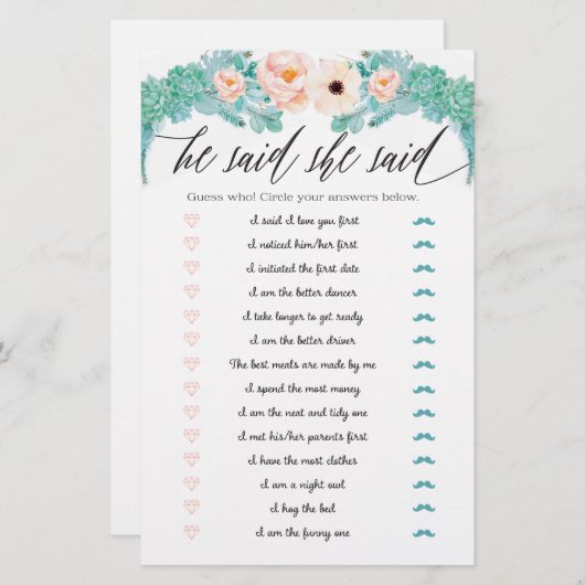 Floral Brautparty Game, sagte er (Vorne/Hinten)