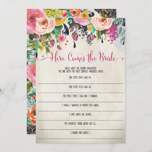 Floral Brautparty Hier kommt das Brautspiel Einladung (Vorne/Hinten)