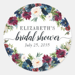 Floral Brautparty Navy Blue Burgundy Wasserfarbe Runder Aufkleber